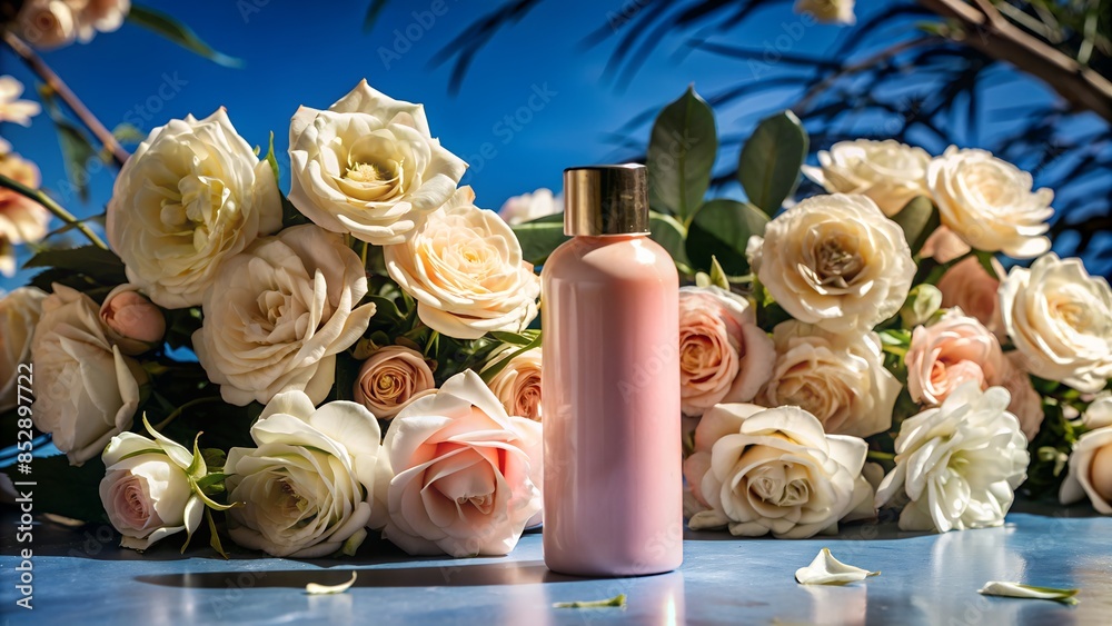 promotional photo of a 150 ml pink bottle, bottle standing on a smooth surface surrounded by few beautiful rose flowers, white background, photorealism, studio shoot, Pinterest-style photo, 8K promotional photo of a 150 ml pink bottle, bottle standing on a smooth surface surrounded by few beautiful rose flowers, white background, photorealism, studio shoot, Pinterest-style photo, 8K