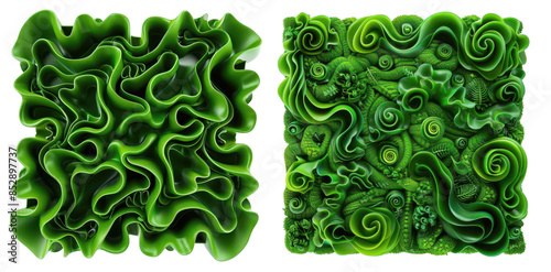Green Art Textures Abstract green art pieces with organic shapes, Nature-inspired design on a transparent background.