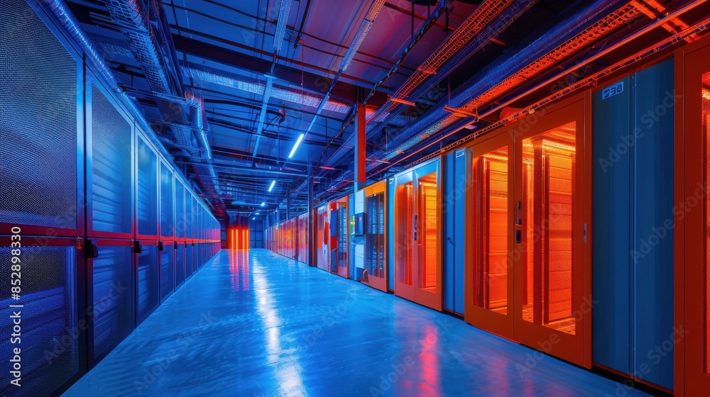 Grid storage system inside a hightech facility, smart energy management theme, side view, highlighting grid reliability, technology tone, splitcomplementary color scheme Grid storage system inside a hightech facility, smart energy management theme, side view, highlighting grid reliability, technology tone, splitcomplementary color scheme