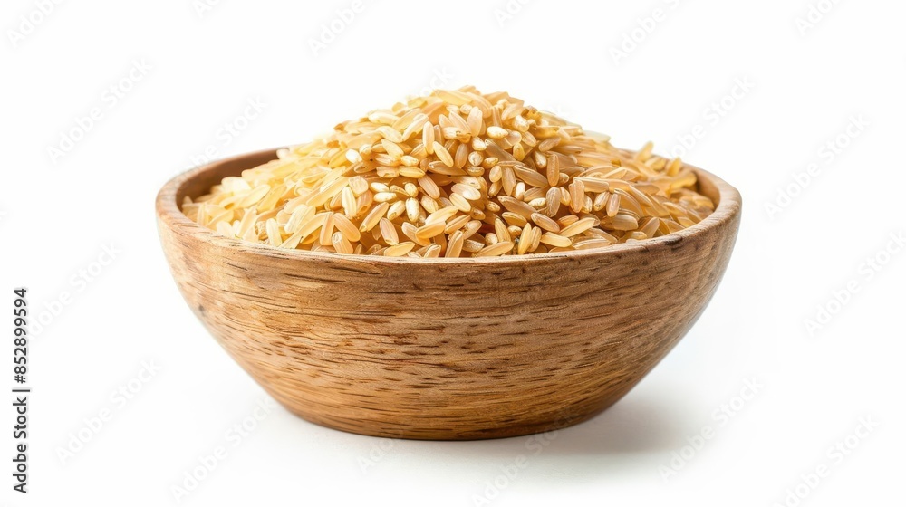 heap of uncooked brown rice in wooden bowl isolated on white food photography heap of uncooked brown rice in wooden bowl isolated on white food photography