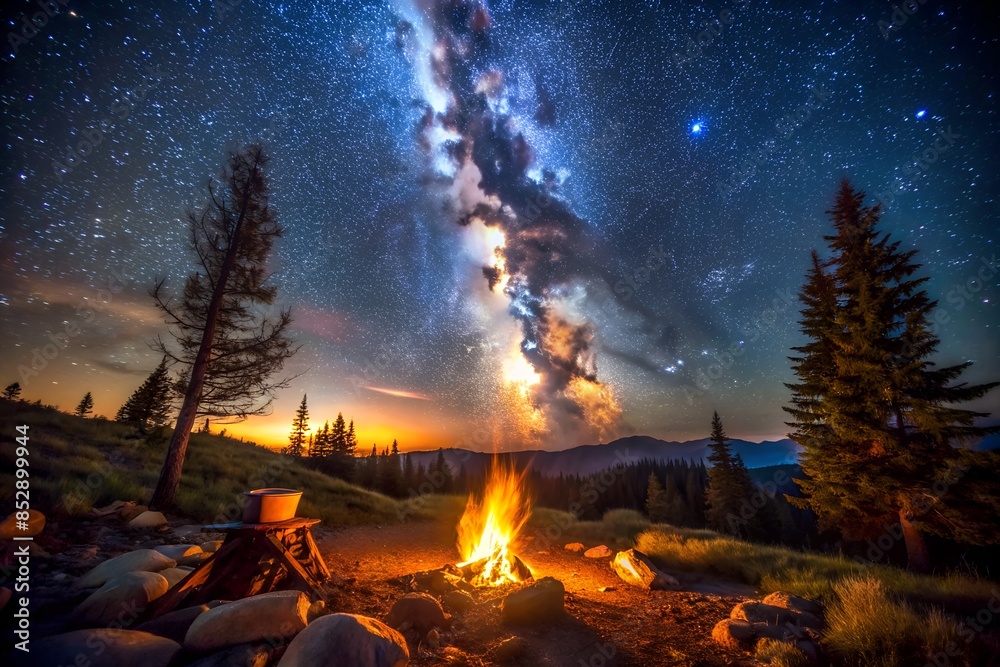 Starry Night Campfire Under the Milky Way in Mountainous Wilderness Starry Night Campfire Under the Milky Way in Mountainous Wilderness