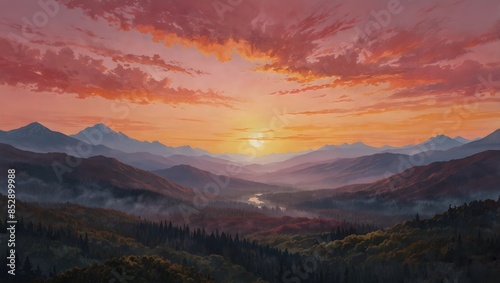 A serene sunrise over a mountain range, painting the sky in hues of pink and gold ai_generated