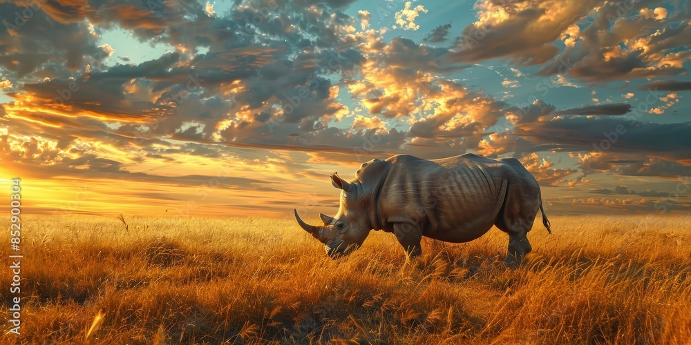 Fototapeta premium Rhino Grazing at Sunset