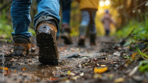hiking family walking single file on dirt path fathers muddy boot closeup candid outdoor photography