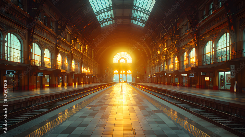 Train station indoor sunset sunrise in sepia. Carriage and platform with construction roof. Train station indoor sunset sunrise in sepia. Carriage and platform with construction roof.