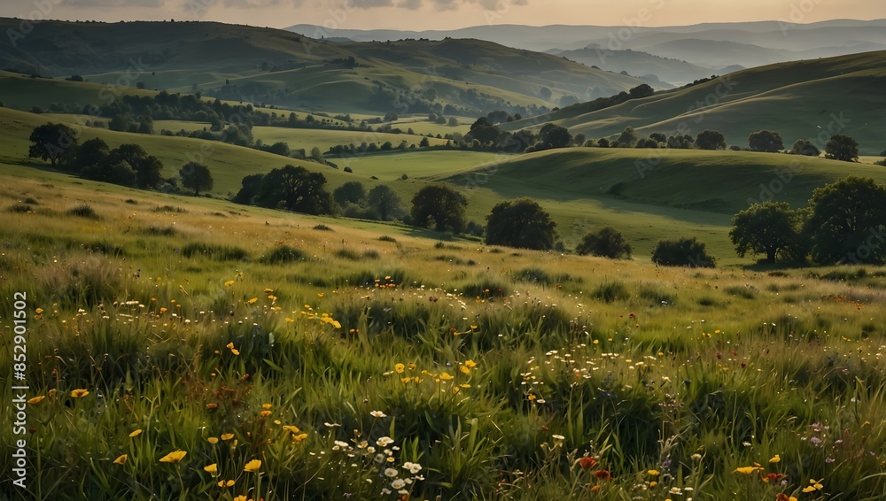The nostalgia of a countryside vista, with rolling hills and meadows dotted with wildflowers under a vast, open sky ai_generated The nostalgia of a countryside vista, with rolling hills and meadows dotted with wildflowers under a vast, open sky ai_generated
