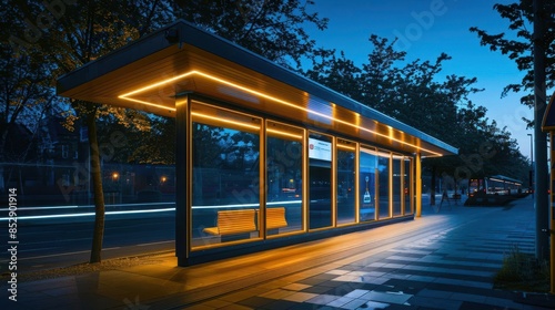 illuminated modern bus stop shelter at night in urban setting architectural photography