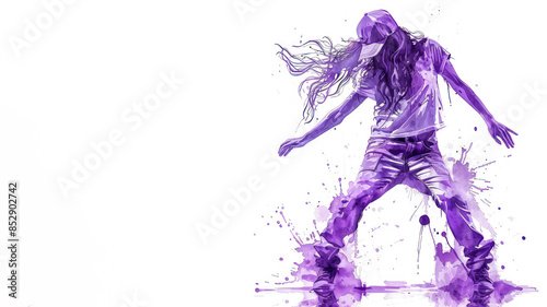 Purple watercolor painting of female break dancer performance balanced action