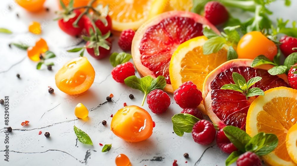 A background with lots of white space and professional close up look of lots of healthy fruits and vegetables