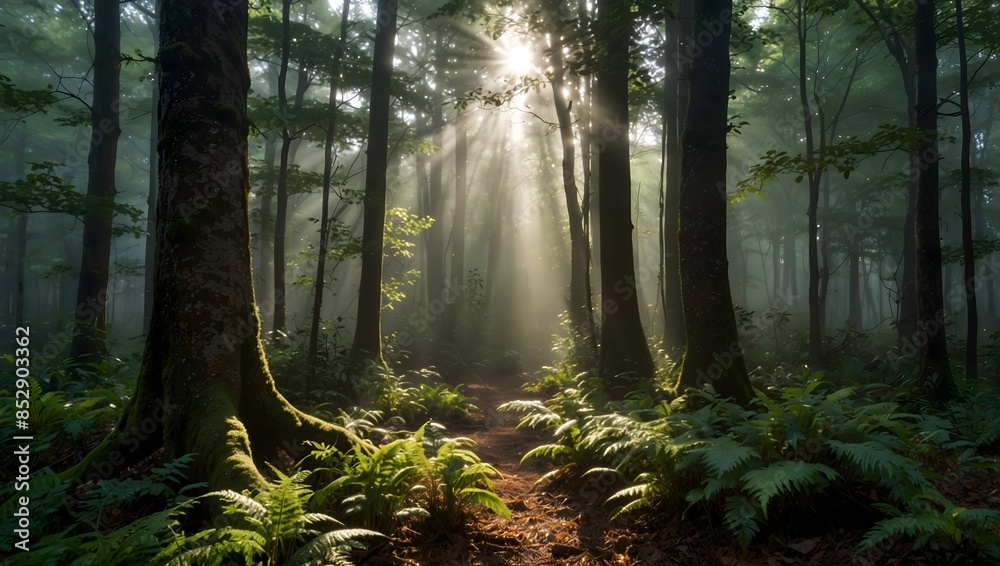 Fototapeta premium The tranquility of a misty forest, where sunlight filters through the canopy, dappling the forest floor ai_generated