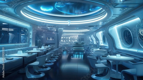 intergalactic dining experience for space tourists in futuristic restaurant 3d illustration