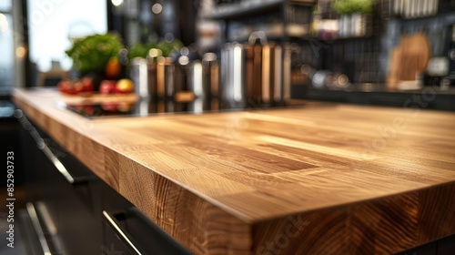 Wooden Kitchen Countertop with Blurred Background © Planetz