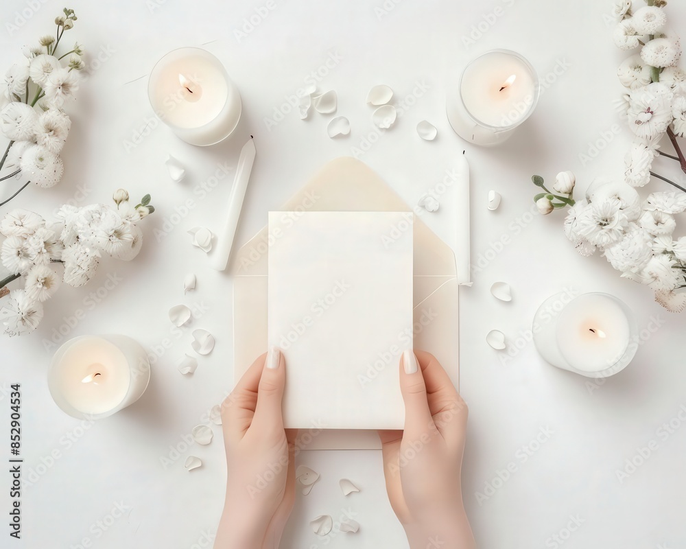 Person holding blank card with candles and flowers. Ideal for wedding, event invitation, and greeting card designs in a serene setting. Person holding blank card with candles and flowers. Ideal for wedding, event invitation, and greeting card designs in a serene setting.