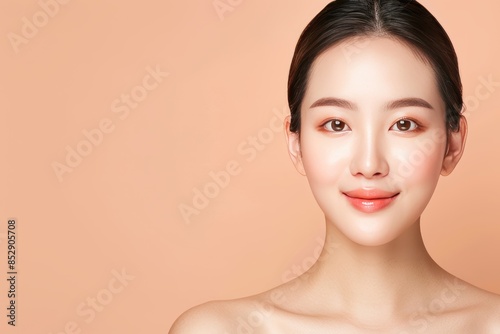 Healthy, glowing woman with clear skin, natural makeup, and a serene expression against a peach background. Beauty and skincare concept.