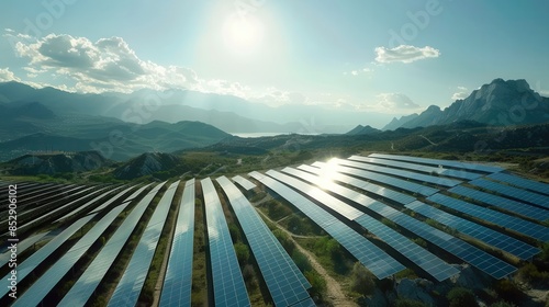 Solar farm with a background of mountains and blue sky, natural energy theme, top view, emphasizing ecofriendly energy production, futuristic tone, triadic color scheme