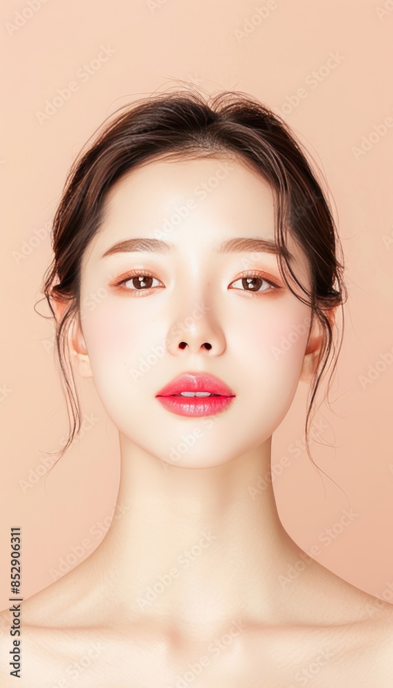 Portrait of a woman with flawless skin and natural makeup on a peach background. Perfect for beauty, skincare, or makeup advertisements. Portrait of a woman with flawless skin and natural makeup on a peach background. Perfect for beauty, skincare, or makeup advertisements.
