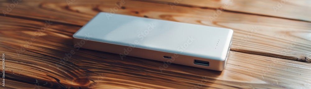 Portable power bank with sleek design on a wooden table, modern gadget theme, side view, showcasing compact energy storage, futuristic tone, vivid Portable power bank with sleek design on a wooden table, modern gadget theme, side view, showcasing compact energy storage, futuristic tone, vivid