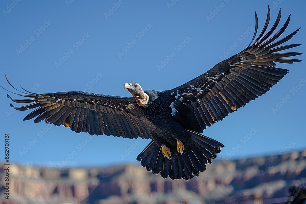 Obraz premium A California condor soaring over the Grand Canyon, its massive wingspan and striking black and white plumage visible against the deep blue sky.