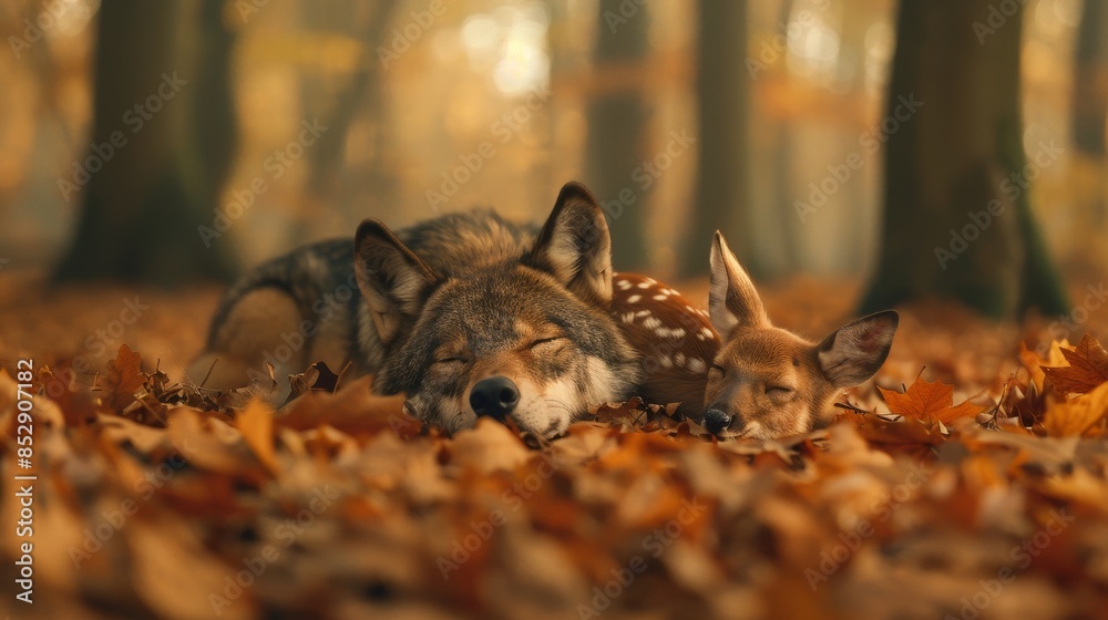 Wolf and fawn peacefully sleeping together in an autumn forest, surrounded by fallen leaves and golden light, depicting unexpected friendship Wolf and fawn peacefully sleeping together in an autumn forest, surrounded by fallen leaves and golden light, depicting unexpected friendship