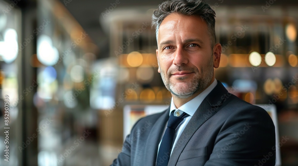 Portrait of travel agent in suit on travel agency background Portrait of travel agent in suit on travel agency background
