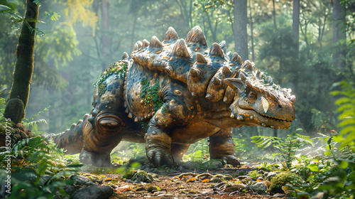 An ankylosaurus with its heavy armor plates and spiked tail, standing amidst a lush green forest. the texture of the skin, and a few surrounding trees in realistic photo