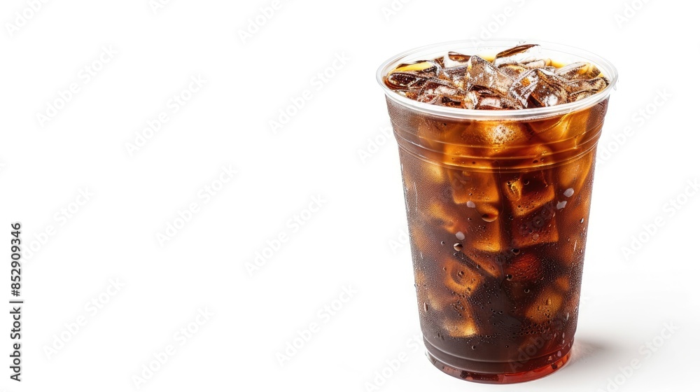 Iced coffee served in a plastic cup against a white isolated backdrop Iced coffee served in a plastic cup against a white isolated backdrop