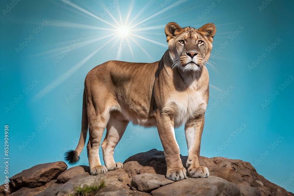 Obraz premium Majestic Lioness Standing on Rocks Under a Bright Sunlit Sky