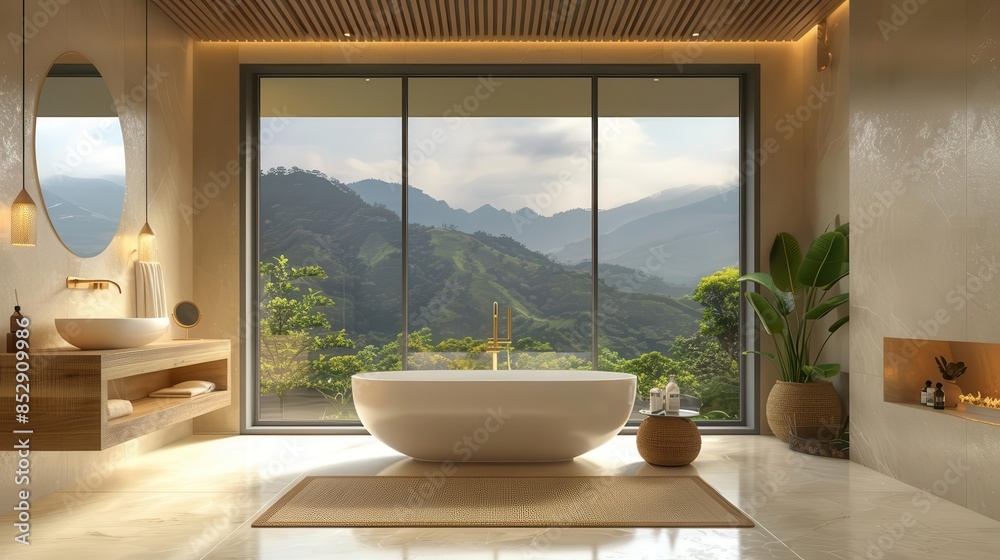Fototapeta premium luxurious contemporary hotel bathroom interior with bathtub washbasin and panoramic window couples retreat 3d rendering
