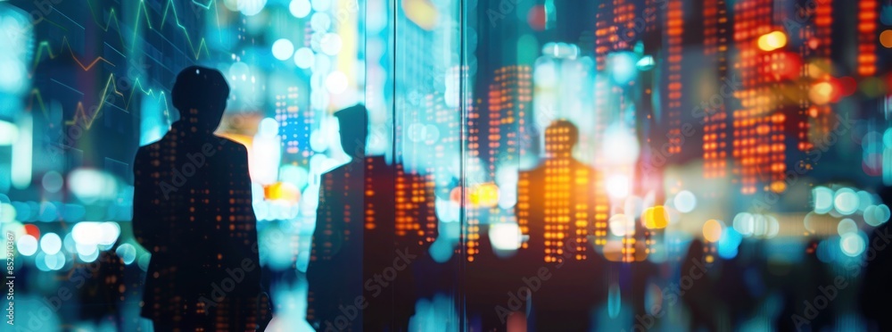 Silhouettes of People Against a City Lights Background Silhouettes of People Against a City Lights Background