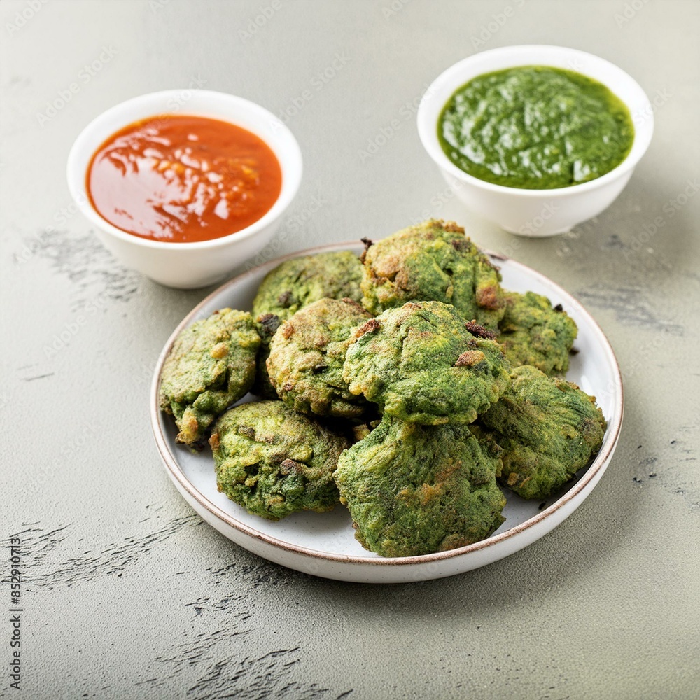 Indian Homemade food palak pakoda also known as spinach fritters or palak spanish pakora Indian Homemade food palak pakoda also known as spinach fritters or palak spanish pakora