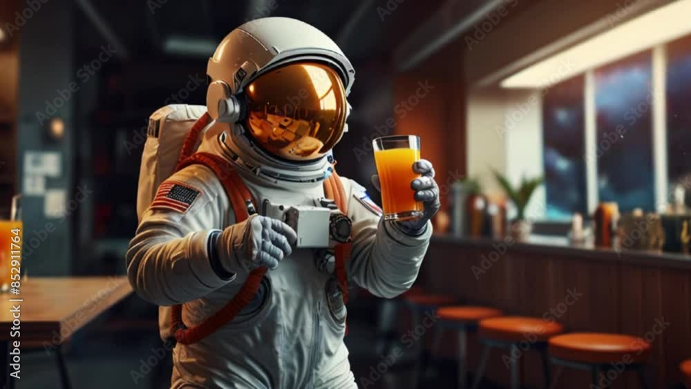 astronaut carrying a glass of orange juice with cafe background, smooth looping 4K virtual video animation astronaut carrying a glass of orange juice with cafe background, smooth looping 4K virtual video animation