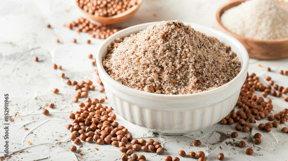Organic Buckwheat Flour in White Enamel Bowl - Gluten-Free Baking Ingredient Closeup Stock Photo Organic Buckwheat Flour in White Enamel Bowl - Gluten-Free Baking Ingredient Closeup Stock Photo