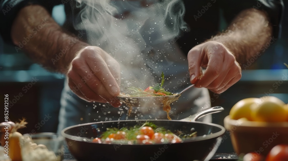Master chef man hands precisely cooking dressing preparing tasty fresh delicious Master chef man hands precisely cooking dressing preparing tasty fresh delicious