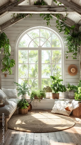 Bright and Airy Scandinavian Inspired Sunroom with Lush Potted Plants and Natural Textures