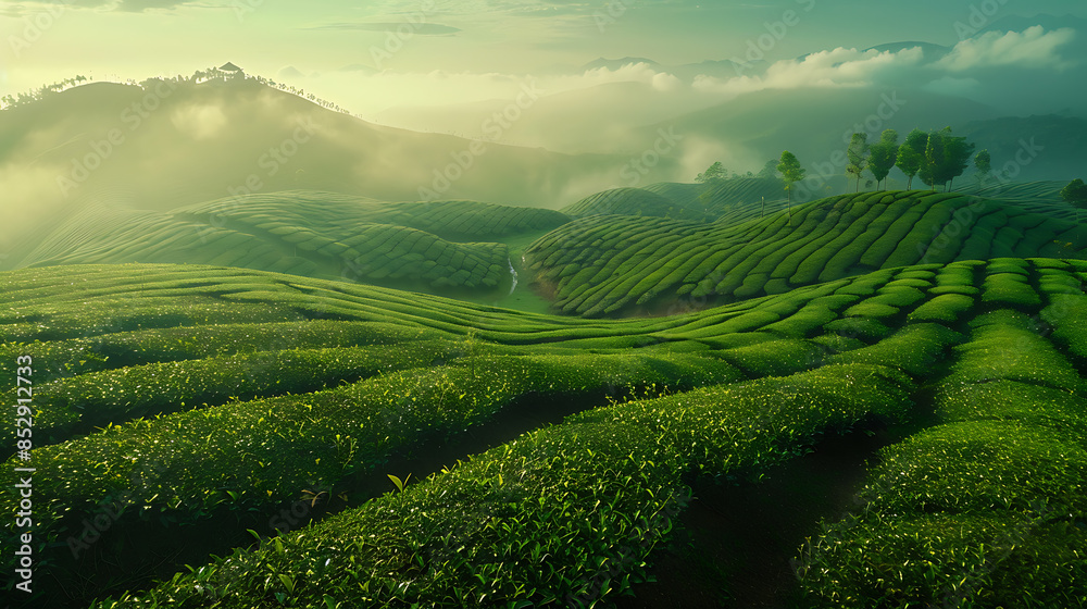 Green tea plantation, wallpaper, beautiful colors of useful plants