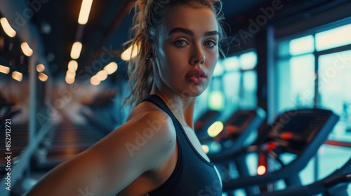 Portrait of beautiful woman working out at gym, running on treadmill and doing fitness exercises. healthy concept