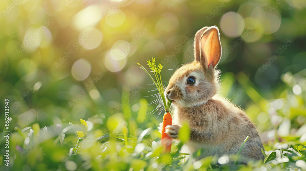Cute bunny rabbit eating a carrot in the garden. Cute bunny rabbit eating a carrot in the garden.