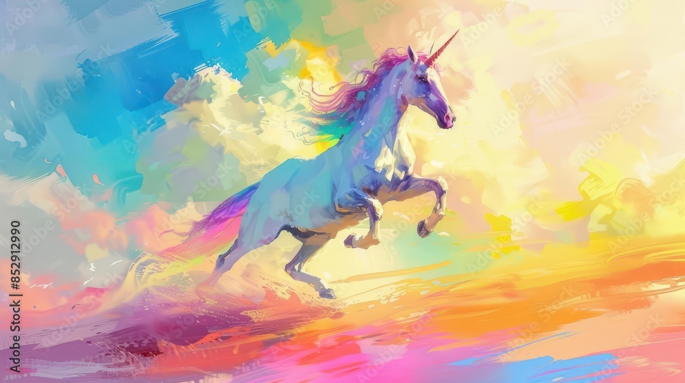 magical unicorn galloping through rainbow sky whimsical fantasy creature digital painting magical unicorn galloping through rainbow sky whimsical fantasy creature digital painting