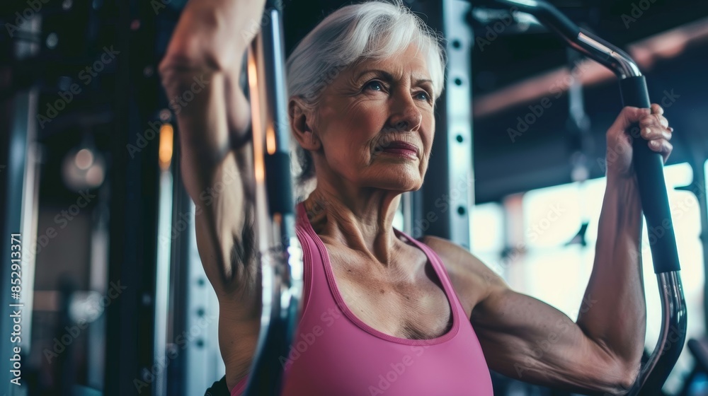 Fototapeta premium Senior woman exercising in gym