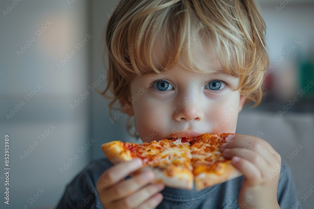 Adorable little boy enjoying a slice of cheese pizza at home