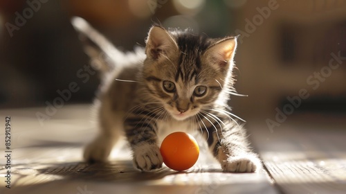 A cute kitten playing with a ball