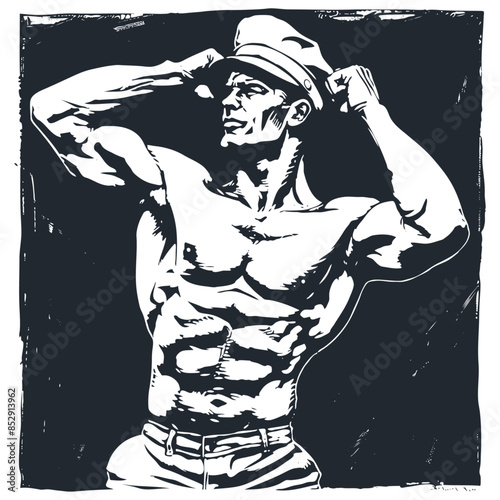 A sailor bodybuilder with a naked torso demonstrates his muscles, vector illustration