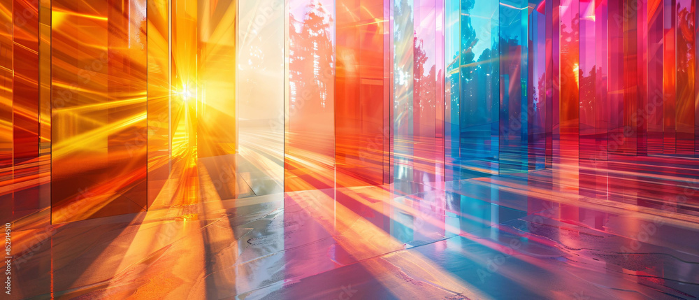 Vibrant abstract art depicting colorful light reflections through glass panels creating a stunning visual display of modern design and creativity. Vibrant abstract art depicting colorful light reflections through glass panels creating a stunning visual display of modern design and creativity.