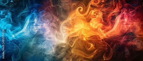 Vibrant abstract background with colorful smoke swirls in blue, red, and orange hues, perfect for design projects and artistic creations. photo