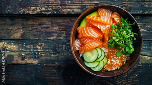 Top View of Salmon Poke Bowl with Rice, Cucumber and Avocado photo