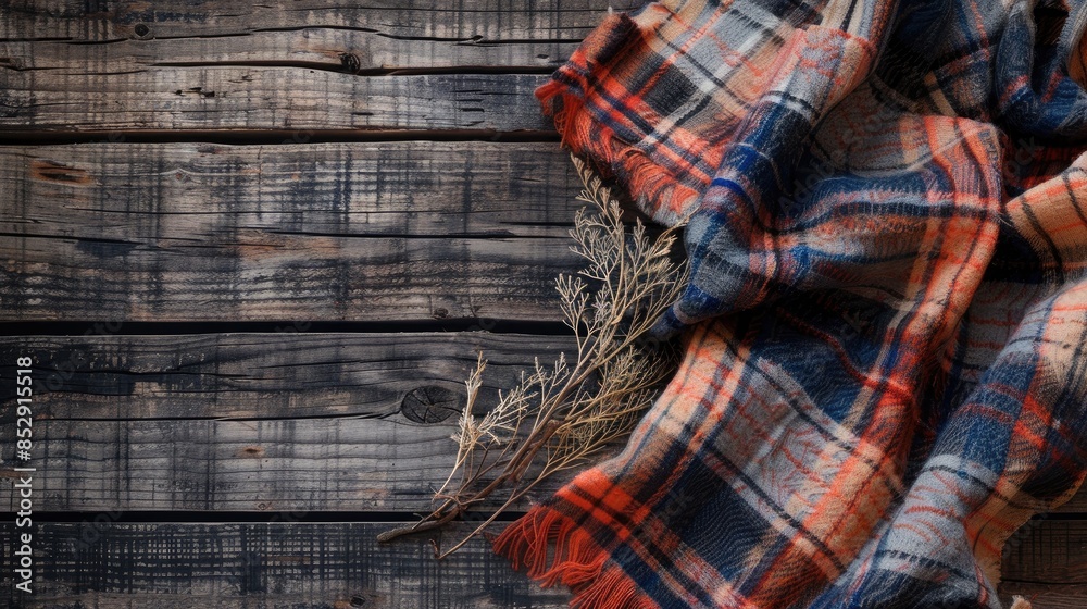 Cozy plaid with unique design on wood backdrop for warmth in winter Blank space Cozy plaid with unique design on wood backdrop for warmth in winter Blank space
