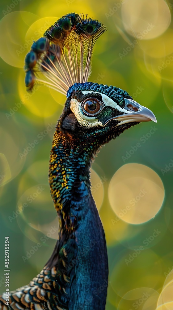 Peacock with head with soft feathers on greenery forest blurred background Peacock with head with soft feathers on greenery forest blurred background