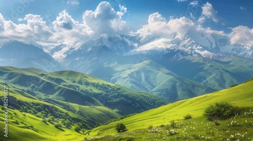 majestic mountain landscape with snowcapped peaks and lush green valleys panoramic view