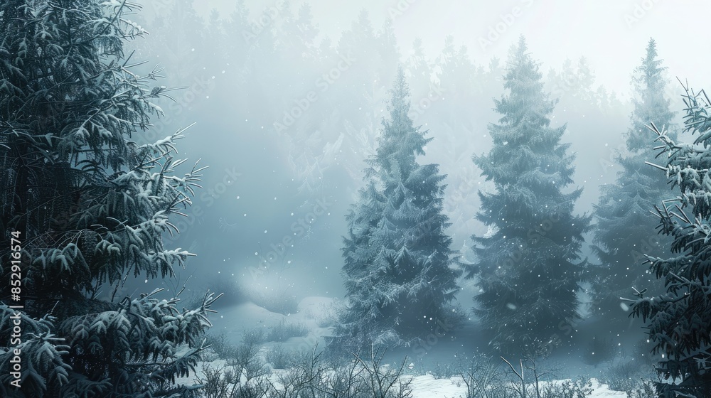 Fototapeta premium In winter the forest is blanketed in mist
