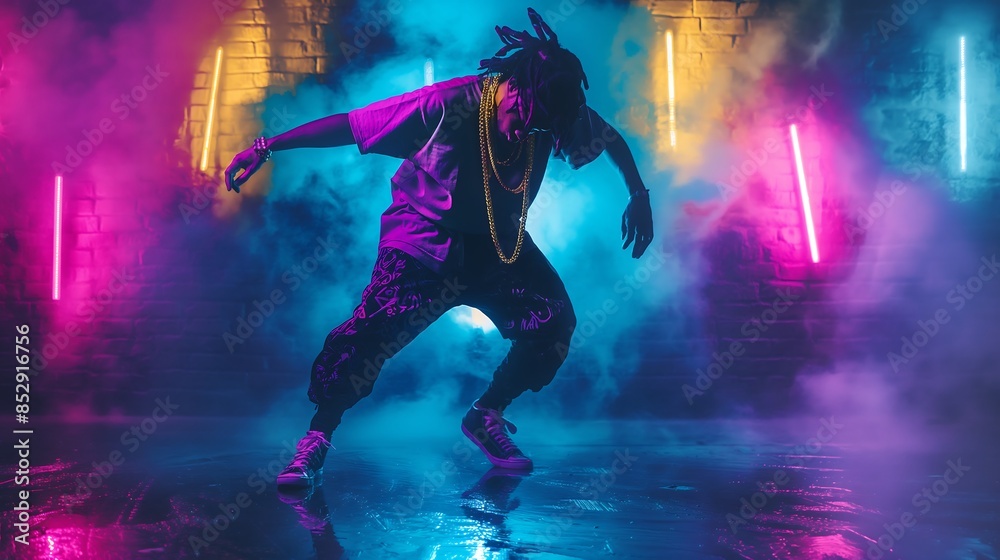 hip hop dancer, dancing, with golden necklaces, in neon colors, urban atmosphere, full body view hip hop dancer, dancing, with golden necklaces, in neon colors, urban atmosphere, full body view